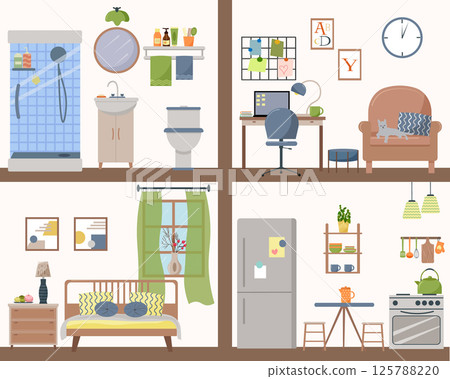 Detailed plan of the apartment inside. Furnished rooms. Bathroom with shower. Study with table, computer and chair. Bedroom with bed and window. Kitchen with stove, table and stools, refrigerator. Detailed plan of the apartment inside. Furnished rooms. Bathroom with shower. Study with table, computer and chair. Bedroom with bed and window. Kitchen with stove, table and stools, refrigerator. 125788220