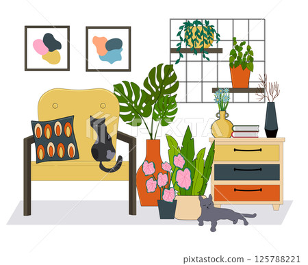Relaxation room with green plants. Home garden, greenhouse. Bedside table and armchair for relaxation. Various plants in pots. Shelves for flowers. Pictures on the wall, vases with flowers. Lying cat. Relaxation room with green plants. Home garden, greenhouse. Bedside table and armchair for relaxation. Various plants in pots. Shelves for flowers. Pictures on the wall, vases with flowers. Lying cat. 125788221