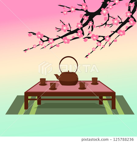 Japanese tea party. Traditions of the East. Table with teapot and ceramic cups. Branches with sakura flowers. Gradient background. 125788236