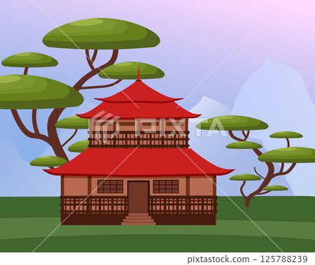 Japanese landscape. House against the background of trees and mountains. Eastern culture. 125788239