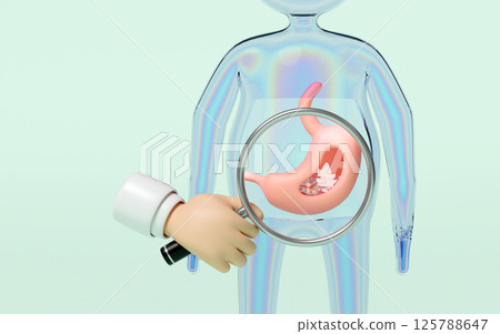 3d human stomach with doctor hand holding magnifying glas isolated on green background. health check, gastric disease concept, 3d illustration render 3d human stomach with doctor hand holding magnifying glas isolated on green background. health check, gastric disease concept, 3d illustration render 125788647
