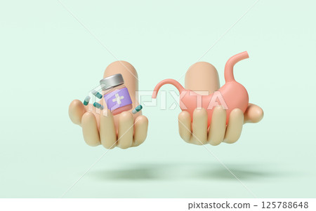 3d hands holding realistic human stomach with medicine bottle, antibiotics isolated on green background. gastric disease concept, 3d illustration render 125788648