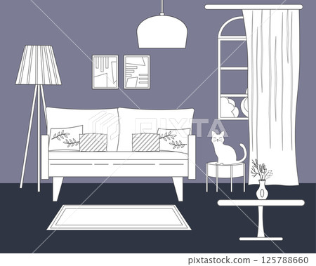 Living room interior. Linear sketch. Furnished room - sofa and floor lamp. Window with curtains. Pictures on the wall. Ottoman and cat. Coffee table with vase. Vector illustration Living room interior. Linear sketch. Furnished room - sofa and floor lamp. Window with curtains. Pictures on the wall. Ottoman and cat. Coffee table with vase. Vector illustration 125788660