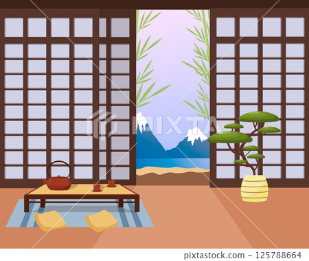 Oriental Japanese interior. Terrace with tea table. Teapot and cups, table, bonsai and vase, soft pillows and rug on the floor. Open terrace with view of mountains and growing bamboo. Vector illustrat 125788664