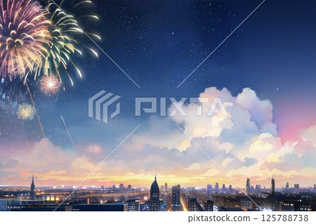 Fireworks and cityscape at dusk watercolor style 125788738