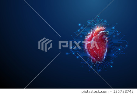 BFuturistic human heart with electronic circuit lines background. Artificial intelligence, cardiology technology, medical innovation. 125788742
