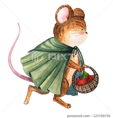 Watercolor illustration of a cute mouse character in a green cloak. Hand-painted woodland animal for children's decor, nursery prints, greeting cards, and storybook designs Watercolor illustration of a cute mouse character in a green cloak. Hand-painted woodland animal for children's decor, nursery prints, greeting cards, and storybook designs 125788756
