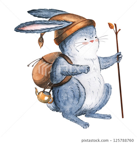 Watercolor illustration of a cute rabbit character with a backpack. Hand-painted woodland animal for children's decor, nursery prints, greeting cards, and storybook designs Watercolor illustration of a cute rabbit character with a backpack. Hand-painted woodland animal for children's decor, nursery prints, greeting cards, and storybook designs 125788760