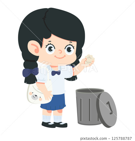 Cartoon Girl Disposing Trash in Bin 125788787