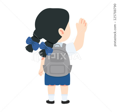 Cartoon Girl Waving Goodbye with Backpack Cartoon Girl Waving Goodbye with Backpack 125788790