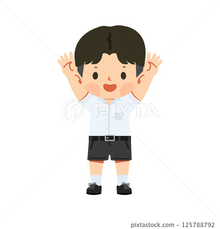 Cheerful Cartoon Boy with Raised Arms 125788792