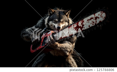 憤怒的狼人揮舞著血淋淋的電鋸 [生成人工智慧] 125788806