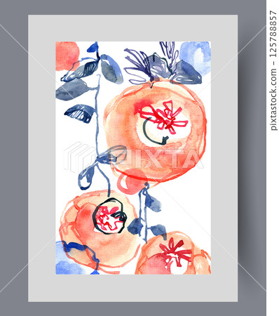 Ripe red berries on tree branch or bush grown in orchard on wall art. Watercolor artwork Ripe red berries on tree branch or bush grown in orchard on wall art. Watercolor artwork 125788857