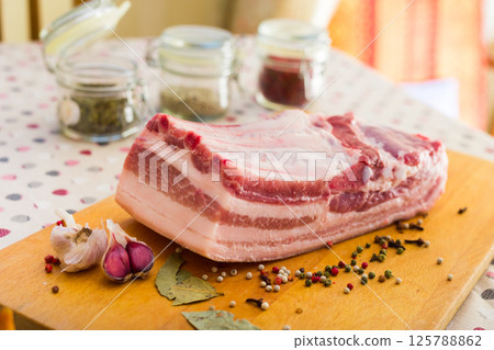 Fresh piece of lard ready for salting 125788862