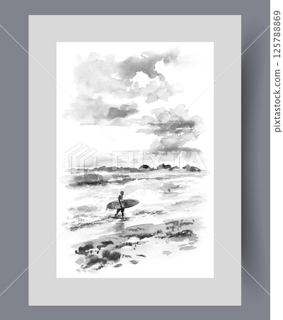 Seascape with beach for tourists and surfer emerging from water on poster. Watercolor artwork Seascape with beach for tourists and surfer emerging from water on poster. Watercolor artwork 125788869