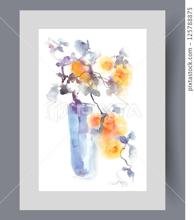 Vase with branch of flowering tree from spring orchard on wall art. Watercolor artwork 125788875