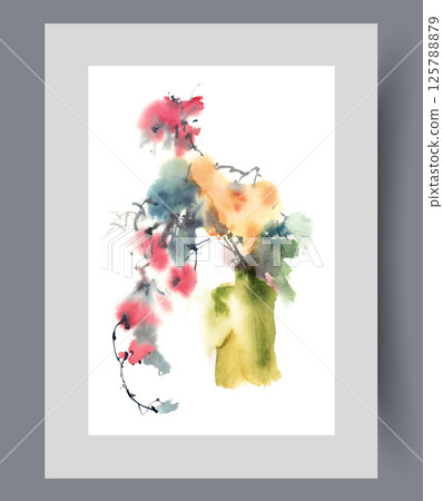 Dried flowers with bright buds in vase for eco interior decoration on print. Watercolor artwork Dried flowers with bright buds in vase for eco interior decoration on print. Watercolor artwork 125788879