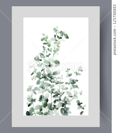Tall grass with green petals on thin stems grows in wild on wall art. Watercolor artwork 125788883