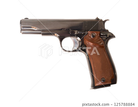 Pistol isolated over white background. Exemplar of firearm weapon closeup 125788884