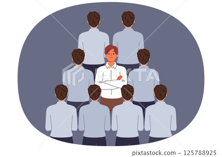 Man stands out from crowd of business colleagues due to individuality or better professional skills 125788925
