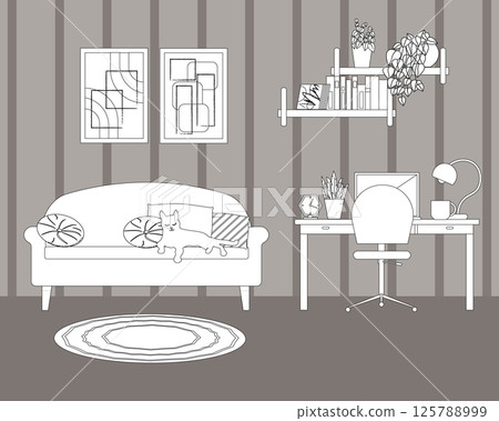 Study room. Line sketch. Desk, computer and work chair. Sofa with pillows. Pictures on the wall and shelves with personal belongings. Cat on the sofa. Flowers in pots. Vector illustration Study room. Line sketch. Desk, computer and work chair. Sofa with pillows. Pictures on the wall and shelves with personal belongings. Cat on the sofa. Flowers in pots. Vector illustration 125788999