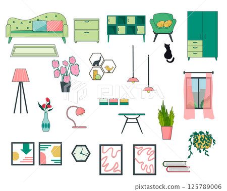 Set of living room interior elements. Sofa and nightstand, armchair and wardrobe. Window and shelves for decor, figurines and flowers. Modern minimalist design. Flat drawing with outline. Vector illus 125789006