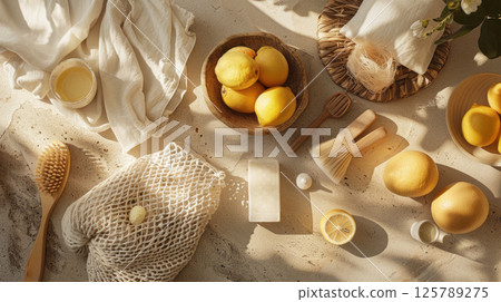 Natural eco kitchen essentials with lemons and sustainable cleaning tools 125789275