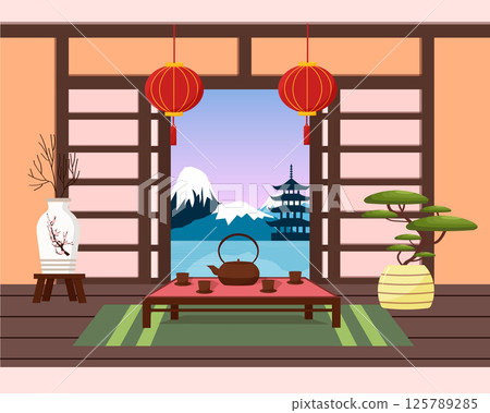 Oriental interior. Table for tea ceremony. Teapot and cups, decorative lanterns, bonsai and vase with sakura. Window with mountain view. Vector illustration 125789285