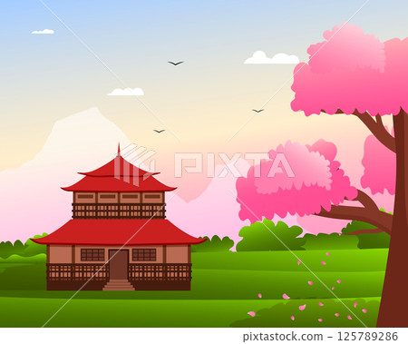 Pagoda and cherry blossom. Green fields. Japanese landscape. Old typical Japanese houses. Mountain peaks and flying birds. Eastern culture. Vector illustration Pagoda and cherry blossom. Green fields. Japanese landscape. Old typical Japanese houses. Mountain peaks and flying birds. Eastern culture. Vector illustration 125789286