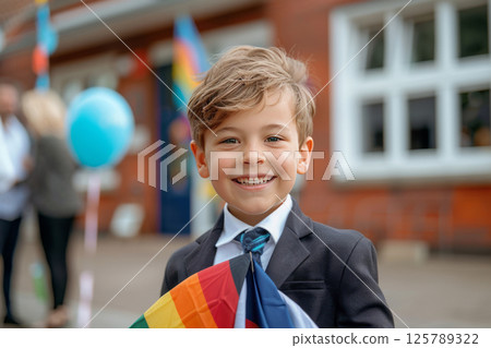 Smiling schoolboy holding flags on first day at international school 125789322