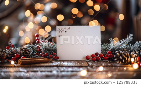 Christmas greeting card mockup with festive bokeh and fir branches 125789335