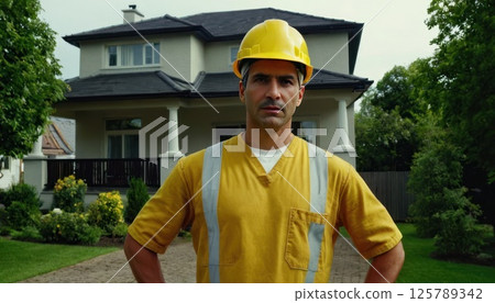 Man in yellow helmet standing in front of the house. He's wearing uniform and he's construction 125789342