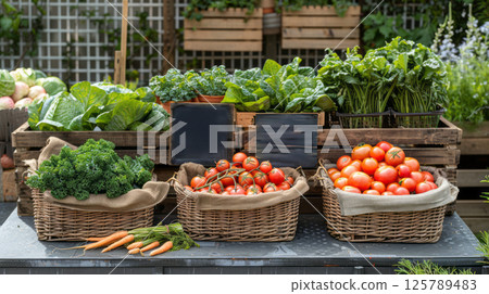 Outdoor farmers market vegetable display 125789483