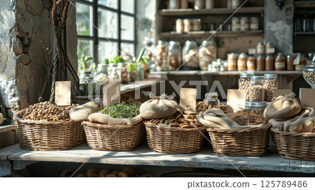 Rustic farmers market with organic produce 125789486