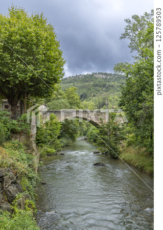 Old stone bridge crossing the Aude River in Alet les Bains, France, under cloudy sky 125789503