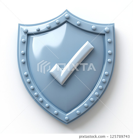 A blue shield with a white checkmark, symbolizing security and protection on a white surface. A blue shield with a white checkmark, symbolizing security and protection on a white surface. 125789743