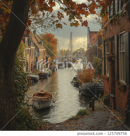 An autumn day on a canal in a European town, lined with brick buildings and boats galore. 125789756