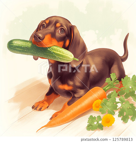 [AI-generated image] A realistic dachshund holding a cucumber 125789813