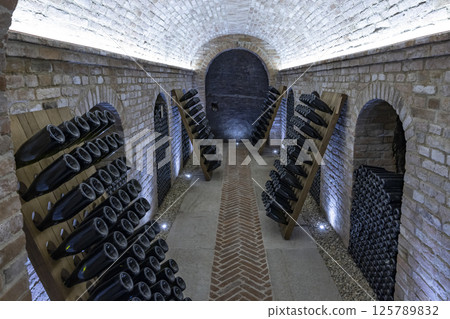 Stored wine bottles, wine cella, Canale, Piedmont, Italy Stored wine bottles, wine cella, Canale, Piedmont, Italy 125789832