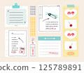 memo template. A collection of striped notes, blank notebooks, and torn notes used in a diary or office. 125789891