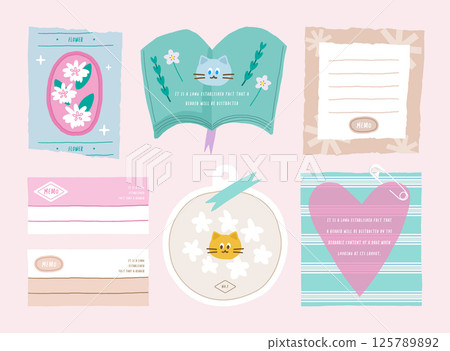 memo template. A collection of striped notes, blank notebooks, and torn notes used in a diary or office. 125789892