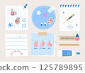 memo template. A collection of striped notes, blank notebooks, and torn notes used in a diary or office. 125789895