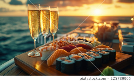 Sushi platter and wine glasses on yacht with stunning ocean sunset view, concept of romantic voyage 125789905