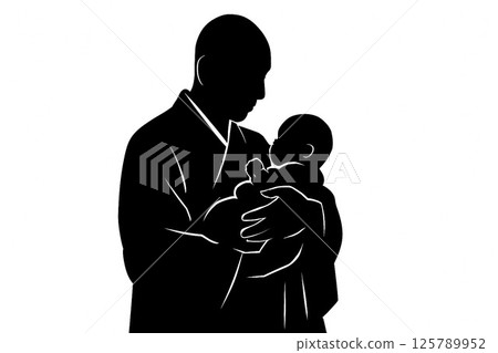Silhouette of a monk gently holding a baby 125789952