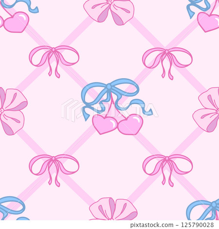 Coquette Cherry with Bows seamless pattern. Cute Heart shaped Berries with Ribbons on pastel pink and blue colors. Trendy Feminine Romantic art for Wedding, Party decoration, Gift wrapping paper. Coquette Cherry with Bows seamless pattern. Cute Heart shaped Berries with Ribbons on pastel pink and blue colors. Trendy Feminine Romantic art for Wedding, Party decoration, Gift wrapping paper. 125790028