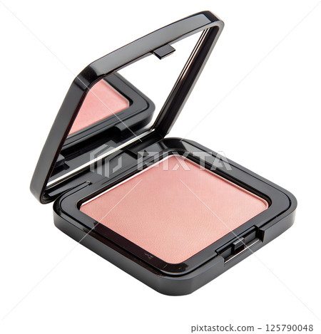 Open pink blush compact with mirror, elegant makeup accessory isolated on the transparent background 125790048