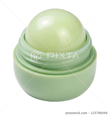 Natural green lip balm with organic ingredients, eco-friendly moisturizing care for lips, herbal cosmetic product 125790049