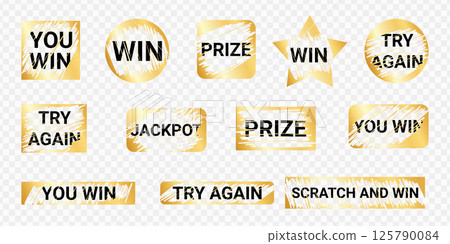 Scratch card prize phrases bundle - hand lettered golden foil vintage labels. Lottery promotion slogans damaged halftone elements. Engaging leisure activity old stained symbols. 125790084