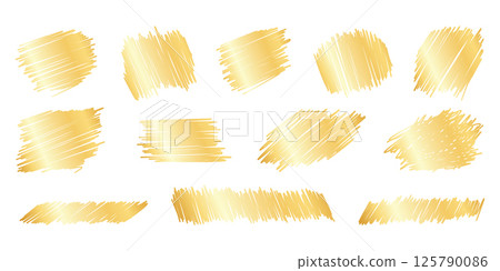 Golden scratch lottery card overlay pack - gold color chalk hatching asymmetric organic spots. Shabby uneven sketch bars rugged outlines. Distressed antique prints destroyed collage making. 125790086