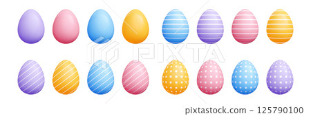 3d vector pastel Easter egg set - colorful solid oval cartoon shapes, striped diagonal lines, polka dots, decorative drawing. Cute geometric patterns for graphic seasonal spring holidays design. 3d vector pastel Easter egg set - colorful solid oval cartoon shapes, striped diagonal lines, polka dots, decorative drawing. Cute geometric patterns for graphic seasonal spring holidays design. 125790100